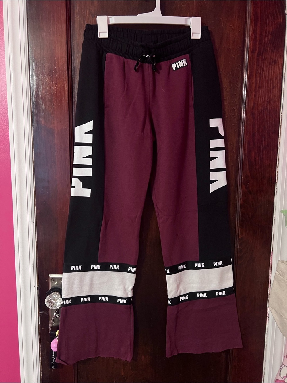 PINK Victoria's Secret Maroon and Black Colorblock Joggers